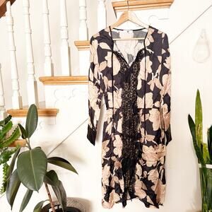 Twinset U&B Floral Print Lace Trim Midi Dress Black Beige Viscose Blend Size S